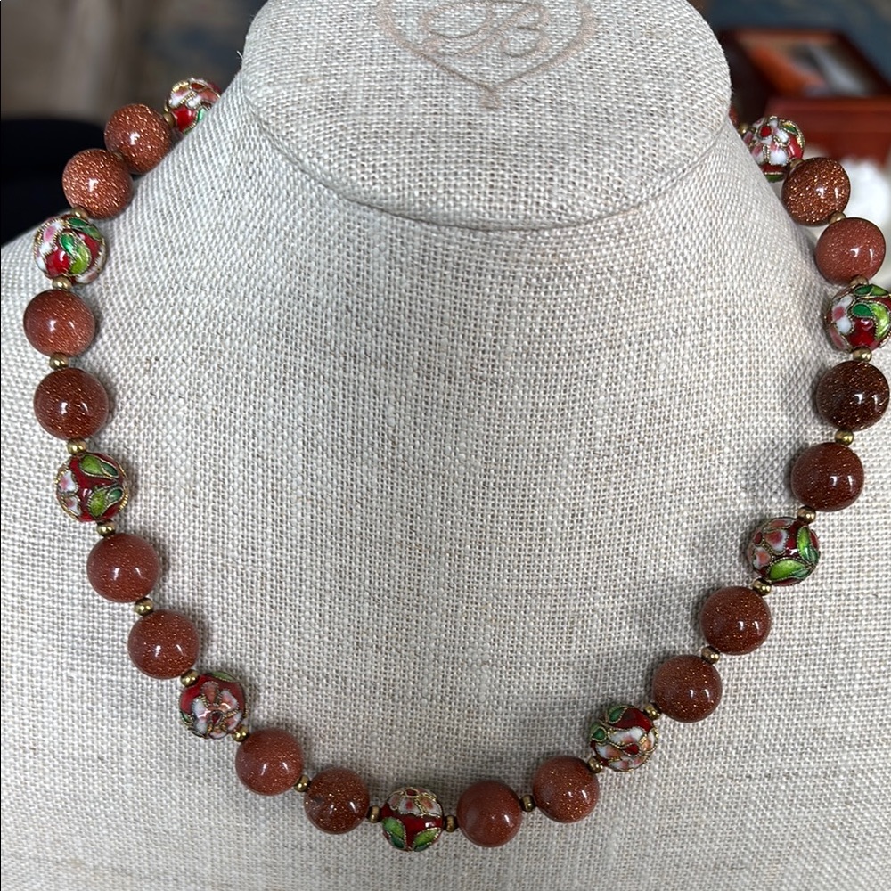 ⬛️Brand New Cloisonné & Goldstone Vintage Necklace Multicolored Sparkly Handmade